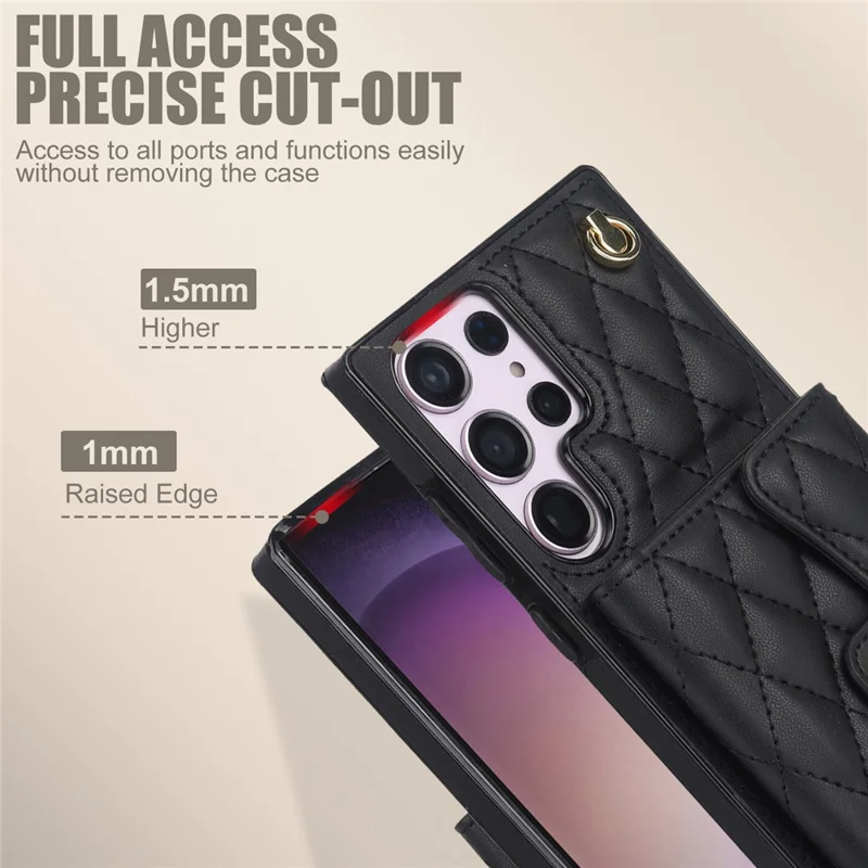 026 For Samsung Galaxy S23 Ultra Phone Case Card Slots Kickstand Cover with 2 Straps - Black