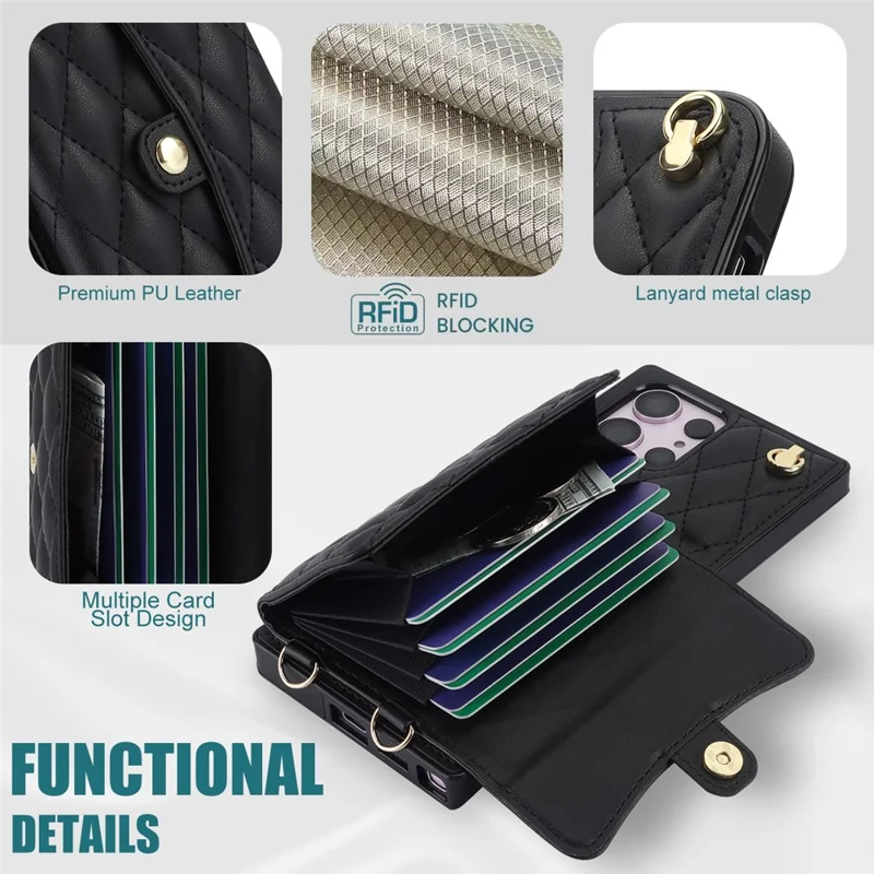 026 For Samsung Galaxy S23 Ultra Phone Case Card Slots Kickstand Cover with 2 Straps - Black