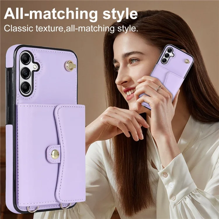 Para Samsung Galaxy A54 5G Card Case Kickstand Leather + TPU Phone Cover with 2 Straps - Purple