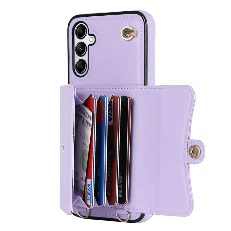 Para Samsung Galaxy A54 5G Card Case Kickstand Leather + TPU Phone Cover with 2 Straps - Purple