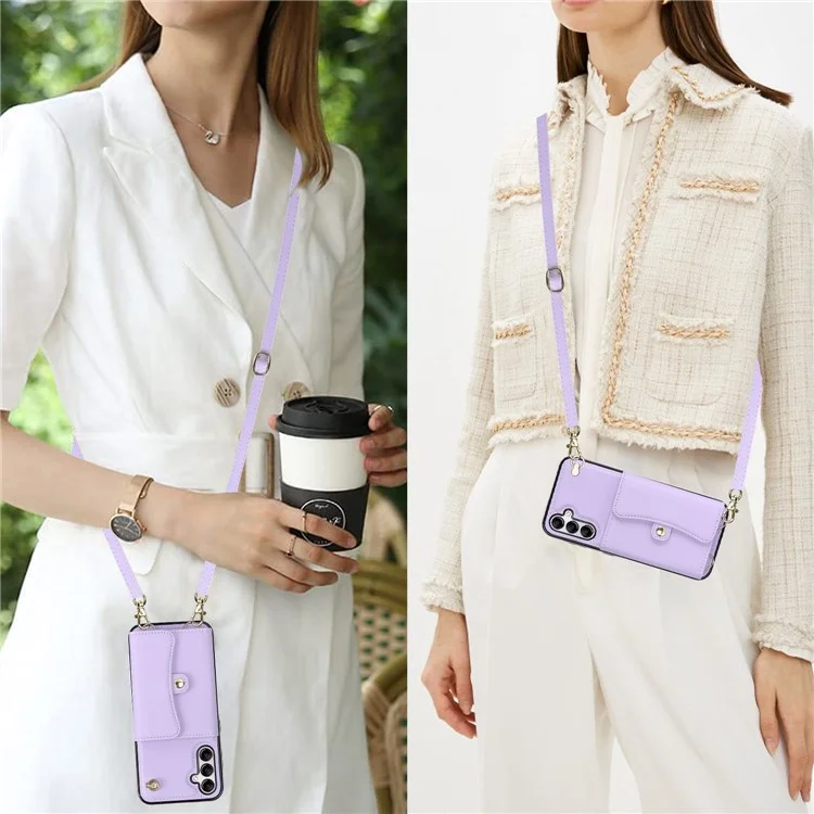 Para Samsung Galaxy A54 5G Card Case Kickstand Leather + TPU Phone Cover with 2 Straps - Purple