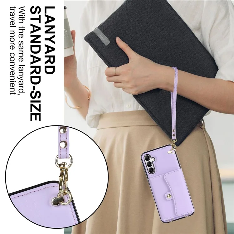 Para Samsung Galaxy A54 5G Card Case Kickstand Leather + TPU Phone Cover with 2 Straps - Purple