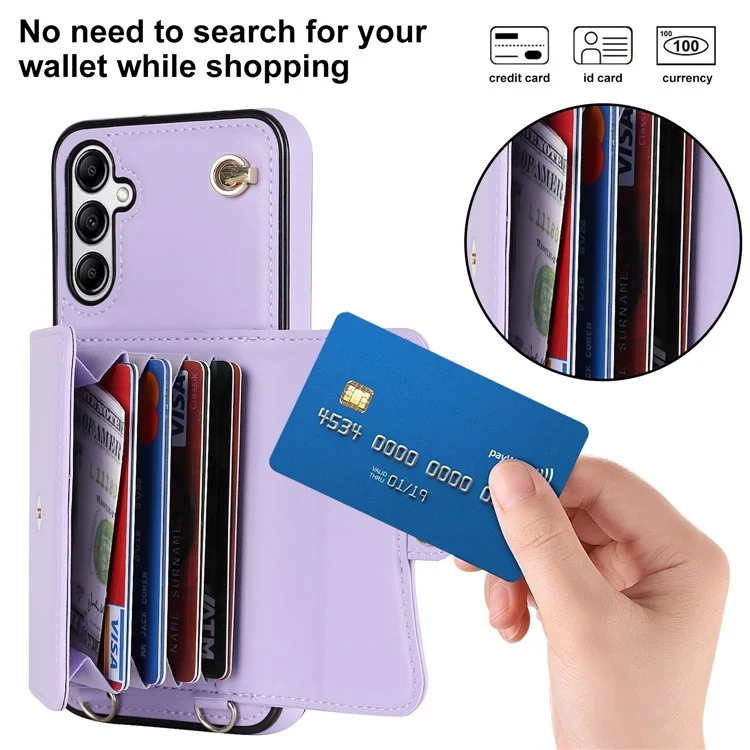 Para Samsung Galaxy A54 5G Card Case Kickstand Leather + TPU Phone Cover with 2 Straps - Purple