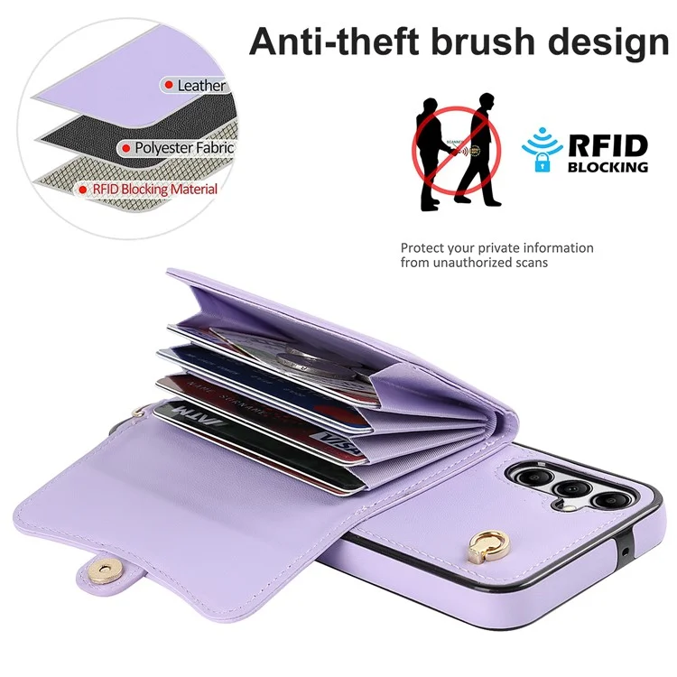 Para Samsung Galaxy A54 5G Card Case Kickstand Leather + TPU Phone Cover with 2 Straps - Purple