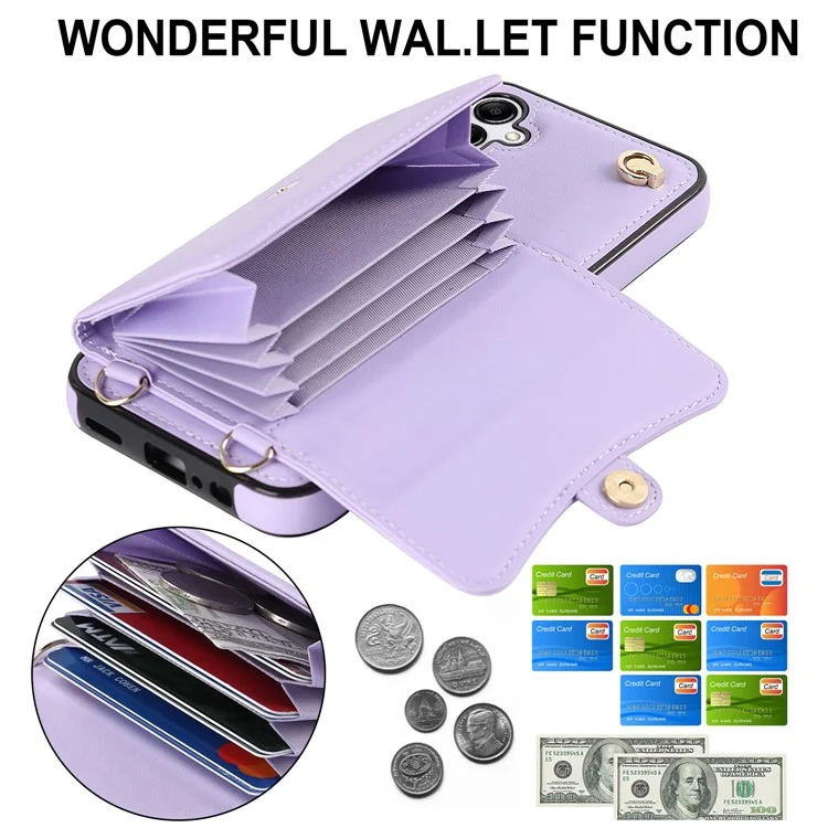 Para Samsung Galaxy A54 5G Card Case Kickstand Leather + TPU Phone Cover with 2 Straps - Purple