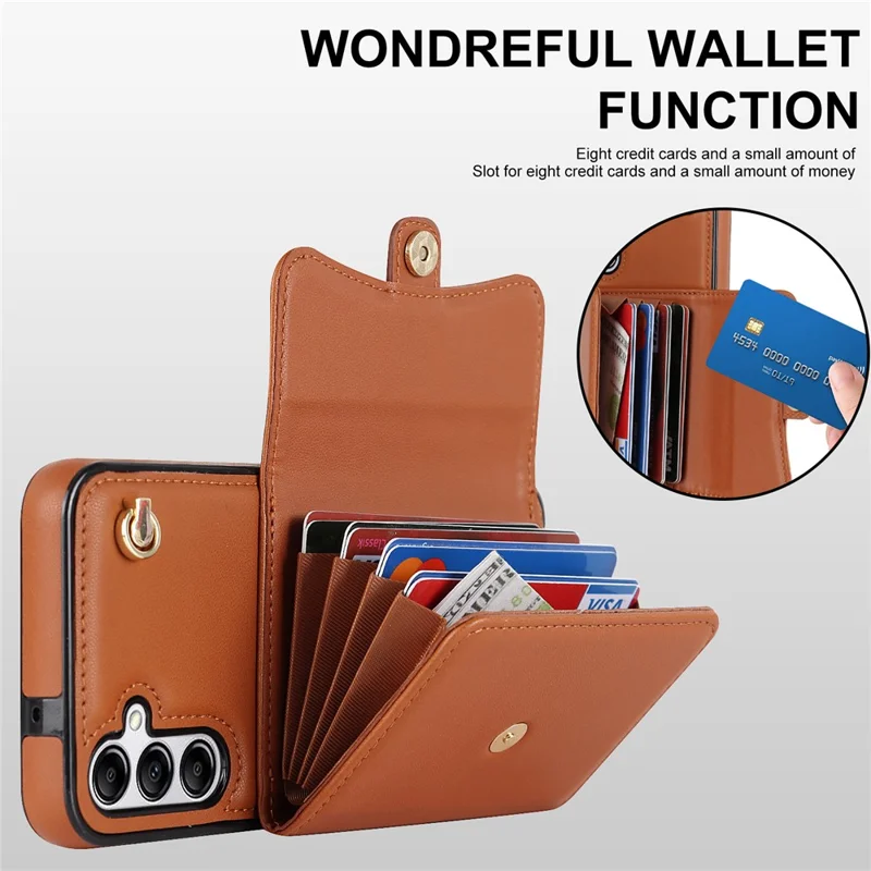 For Samsung Galaxy S24+ Phone Cover Card Slots Kickstand Crossbody Case with Hand Strap - Brown