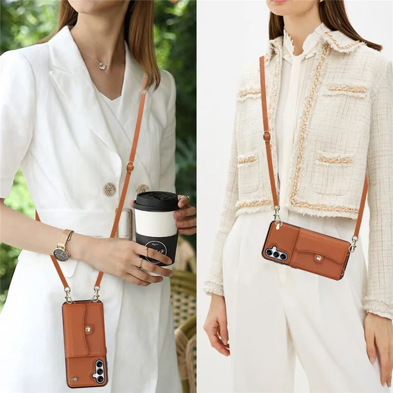 For Samsung Galaxy S24+ Phone Cover Card Slots Kickstand Crossbody Case with Hand Strap - Brown