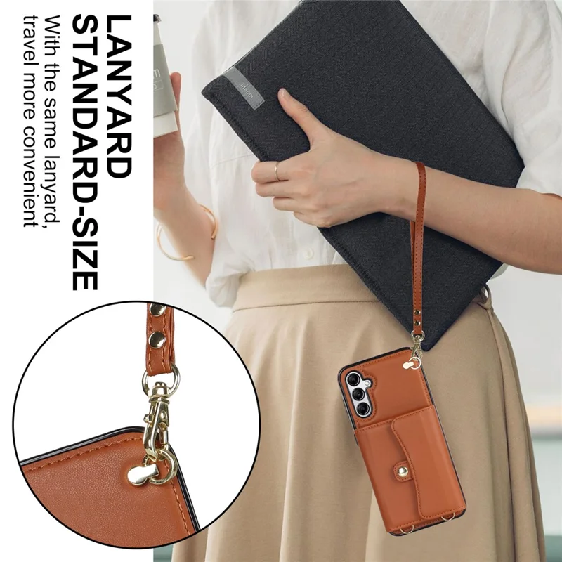 For Samsung Galaxy S24+ Phone Cover Card Slots Kickstand Crossbody Case with Hand Strap - Brown