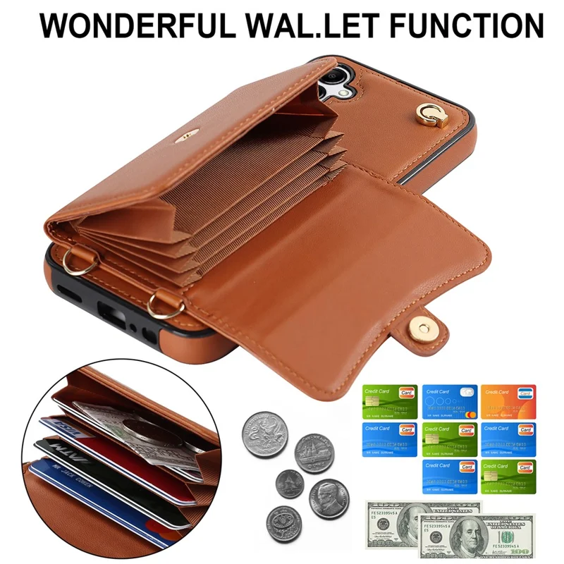 For Samsung Galaxy S24+ Phone Cover Card Slots Kickstand Crossbody Case with Hand Strap - Brown