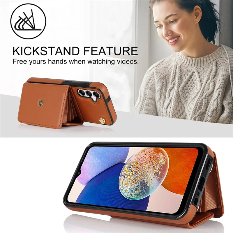 For Samsung Galaxy S24+ Phone Cover Card Slots Kickstand Crossbody Case with Hand Strap - Brown