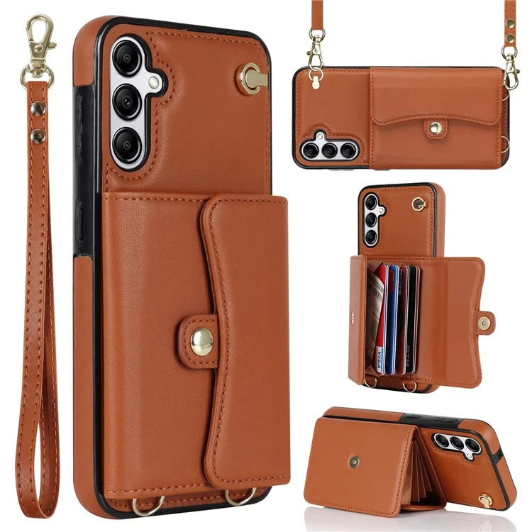 Para Samsung Galaxy A14 4G / 5G Kickstand Case Card Slots RFID Blocking Cover with 2 Straps - Brown