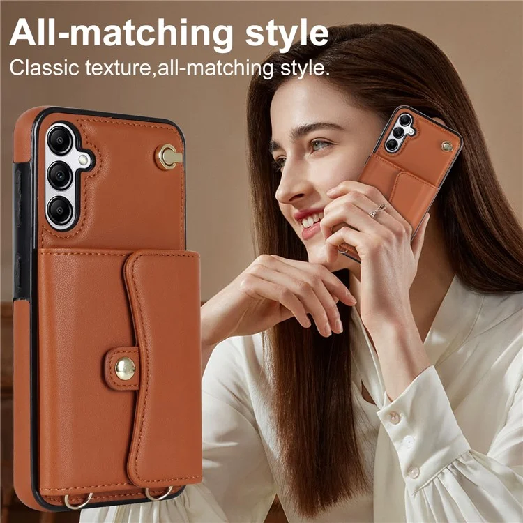 Para Samsung Galaxy A14 4G / 5G Kickstand Case Card Slots RFID Blocking Cover with 2 Straps - Brown