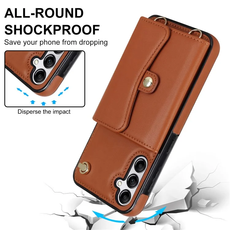 Para Samsung Galaxy A14 4G / 5G Kickstand Case Card Slots RFID Blocking Cover with 2 Straps - Brown