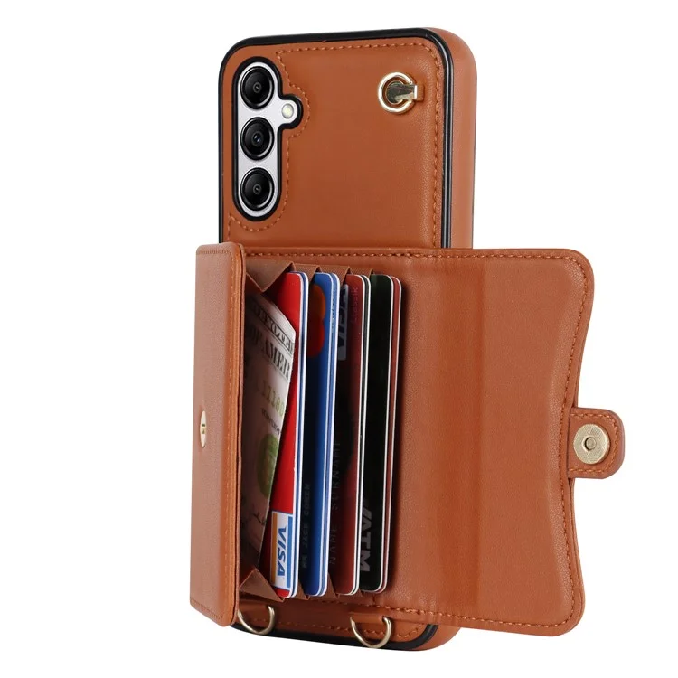 Para Samsung Galaxy A14 4G / 5G Kickstand Case Card Slots RFID Blocking Cover with 2 Straps - Brown