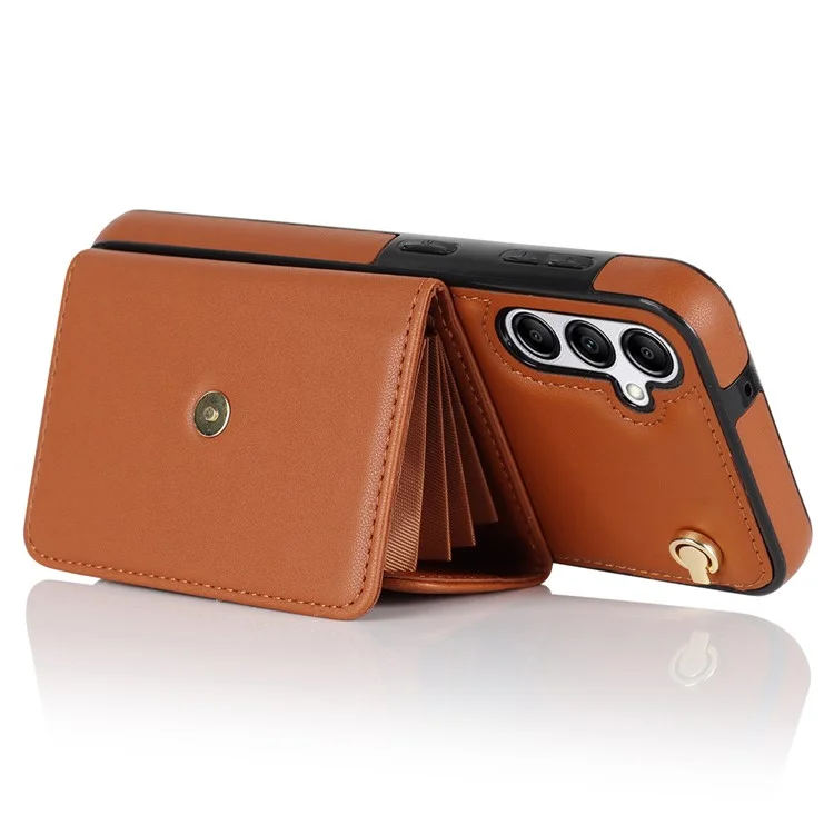Para Samsung Galaxy A14 4G / 5G Kickstand Case Card Slots RFID Blocking Cover with 2 Straps - Brown