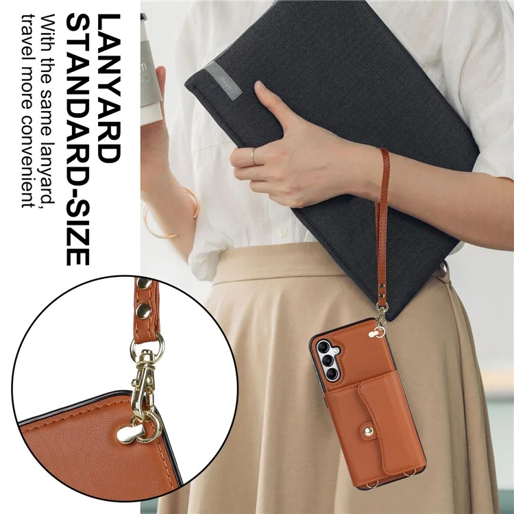 Para Samsung Galaxy A14 4G / 5G Kickstand Case Card Slots RFID Blocking Cover with 2 Straps - Brown