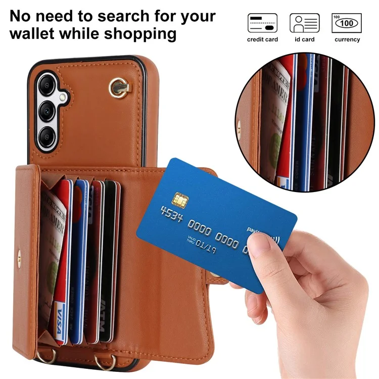 Para Samsung Galaxy A14 4G / 5G Kickstand Case Card Slots RFID Blocking Cover with 2 Straps - Brown