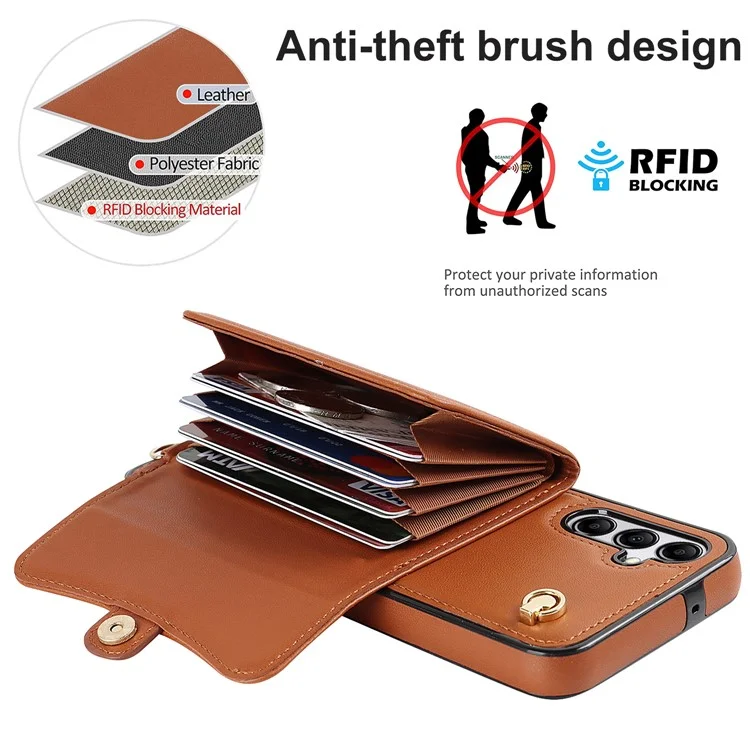 Para Samsung Galaxy A14 4G / 5G Kickstand Case Card Slots RFID Blocking Cover with 2 Straps - Brown