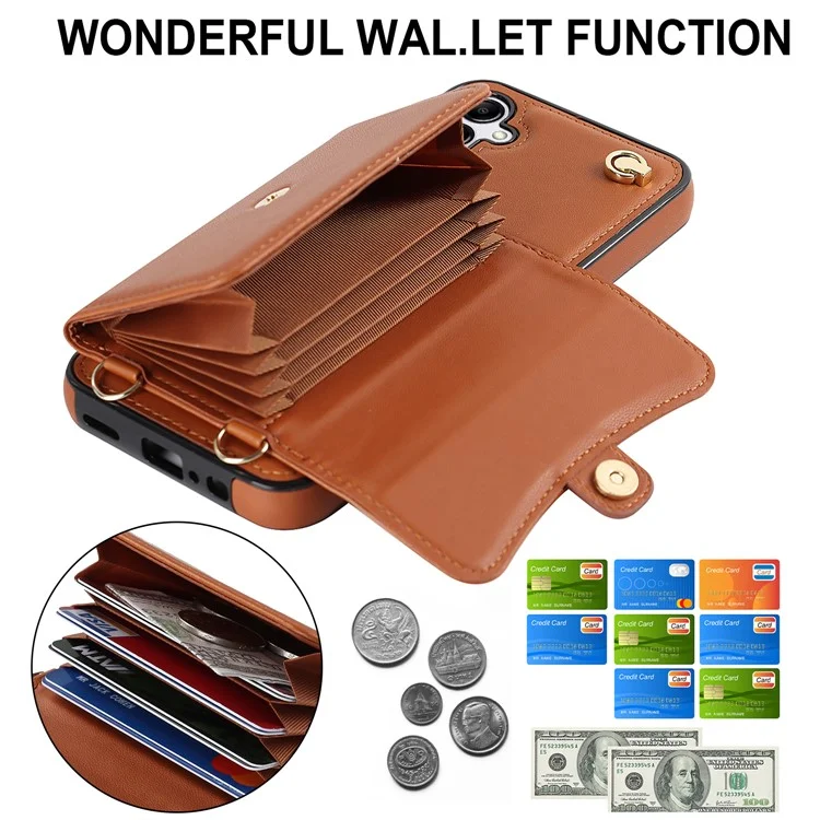 Para Samsung Galaxy A14 4G / 5G Kickstand Case Card Slots RFID Blocking Cover with 2 Straps - Brown