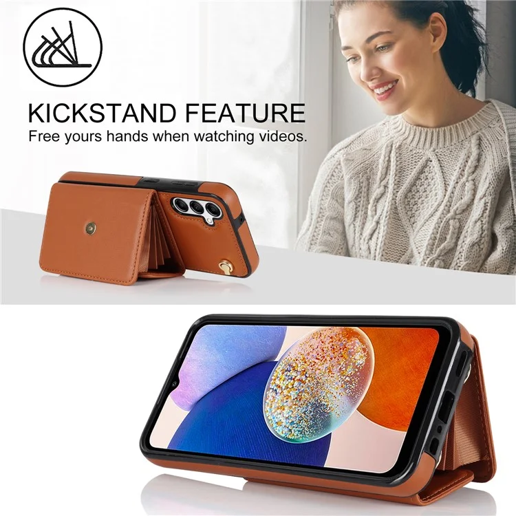 Para Samsung Galaxy A14 4G / 5G Kickstand Case Card Slots RFID Blocking Cover with 2 Straps - Brown