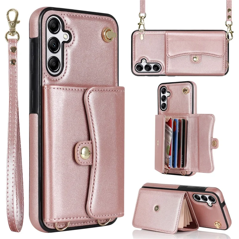 For Samsung Galaxy A14 4G / 5G Kickstand Case Card Slots RFID Blocking Cover with 2 Straps - Rose Gold