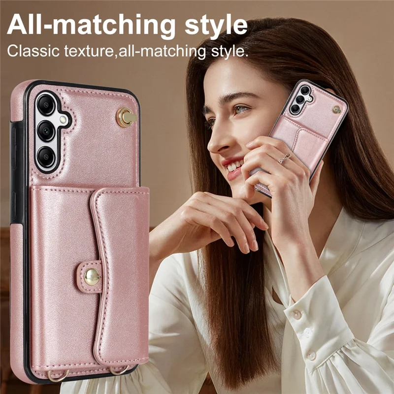 For Samsung Galaxy A14 4G / 5G Kickstand Case Card Slots RFID Blocking Cover with 2 Straps - Rose Gold