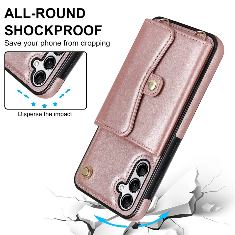 For Samsung Galaxy A14 4G / 5G Kickstand Case Card Slots RFID Blocking Cover with 2 Straps - Rose Gold