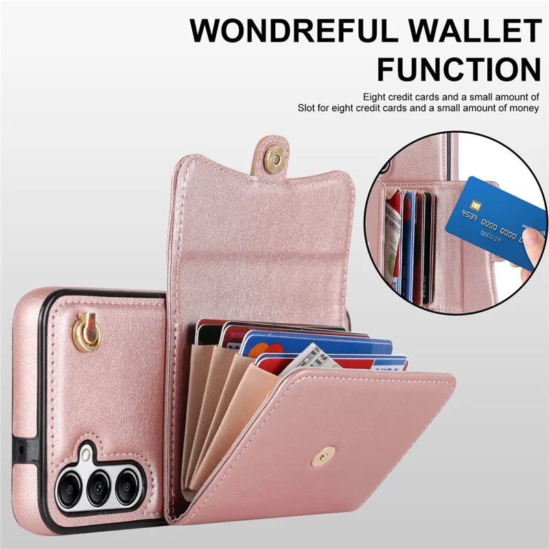 For Samsung Galaxy A14 4G / 5G Kickstand Case Card Slots RFID Blocking Cover with 2 Straps - Rose Gold