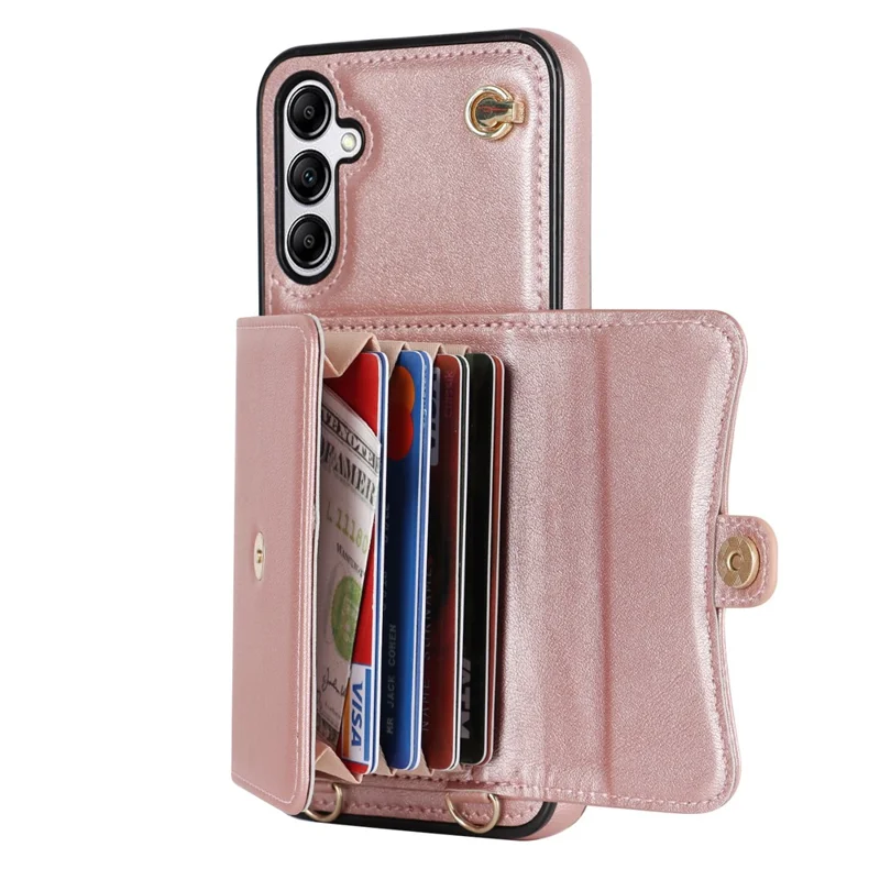 For Samsung Galaxy A14 4G / 5G Kickstand Case Card Slots RFID Blocking Cover with 2 Straps - Rose Gold