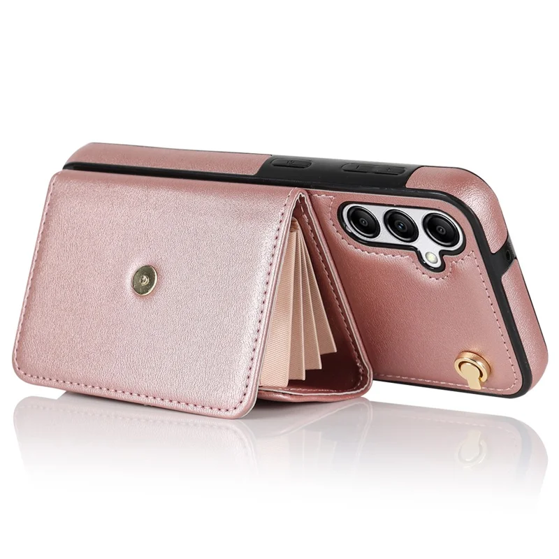 For Samsung Galaxy A14 4G / 5G Kickstand Case Card Slots RFID Blocking Cover with 2 Straps - Rose Gold