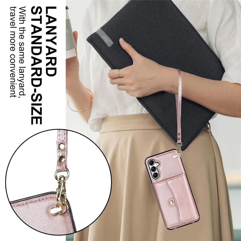 For Samsung Galaxy A14 4G / 5G Kickstand Case Card Slots RFID Blocking Cover with 2 Straps - Rose Gold