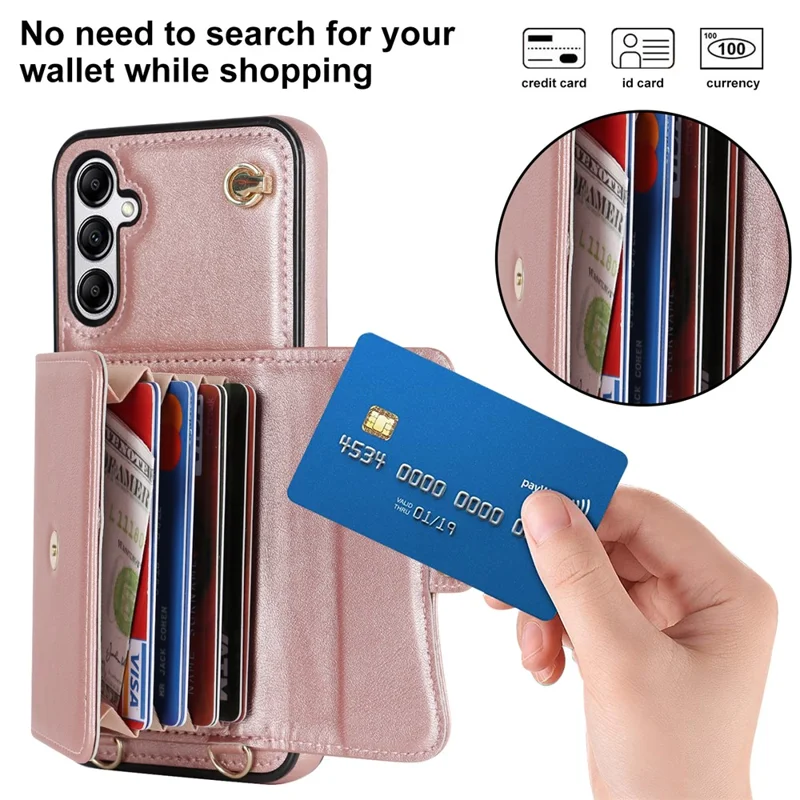 For Samsung Galaxy A14 4G / 5G Kickstand Case Card Slots RFID Blocking Cover with 2 Straps - Rose Gold