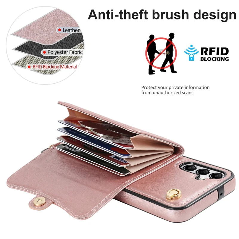 For Samsung Galaxy A14 4G / 5G Kickstand Case Card Slots RFID Blocking Cover with 2 Straps - Rose Gold
