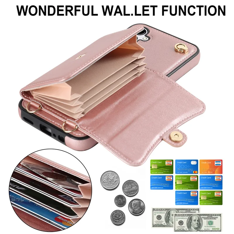 For Samsung Galaxy A14 4G / 5G Kickstand Case Card Slots RFID Blocking Cover with 2 Straps - Rose Gold