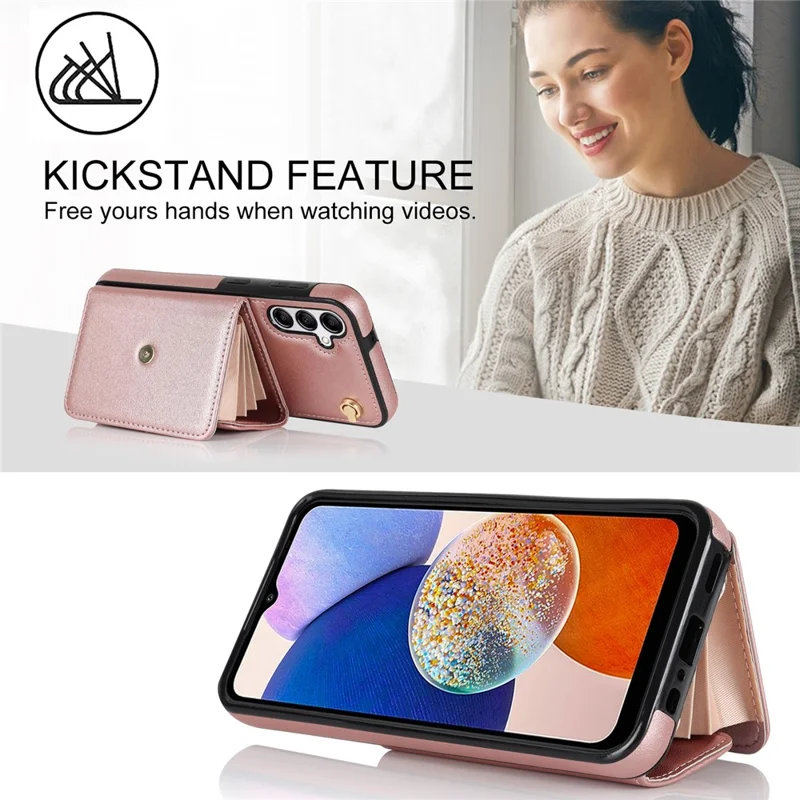 For Samsung Galaxy A14 4G / 5G Kickstand Case Card Slots RFID Blocking Cover with 2 Straps - Rose Gold