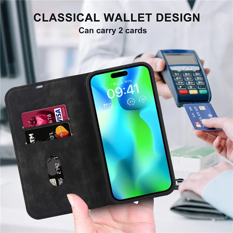 For iPhone 15 Pro Magnetic Case PU Leather Card Holder Cover with RFID Blocking - Black