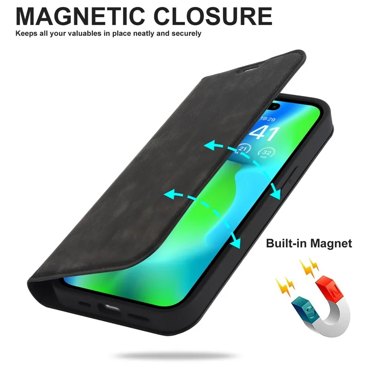 For iPhone 15 Pro Magnetic Case PU Leather Card Holder Cover with RFID Blocking - Black