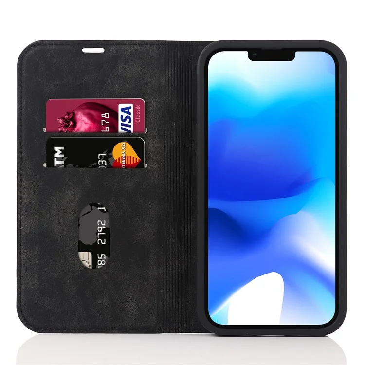 For iPhone 14 Case Magnetic PU Leather Card Holder Phone Protector - Black