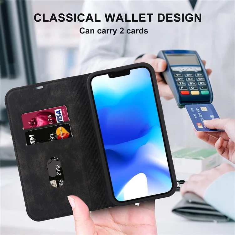 For iPhone 14 Case Magnetic PU Leather Card Holder Phone Protector - Black