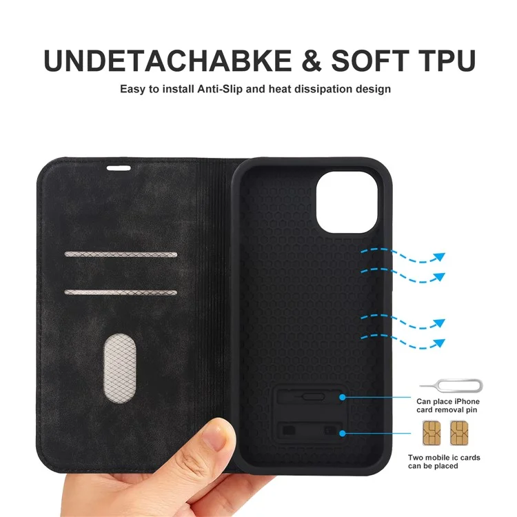 For iPhone 14 Case Magnetic PU Leather Card Holder Phone Protector - Black