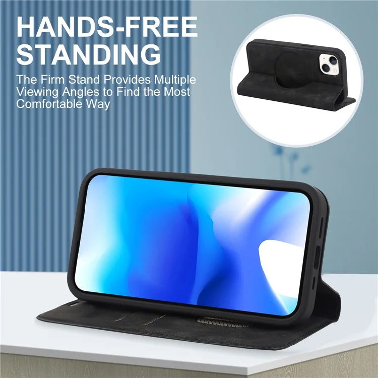 For iPhone 15 Plus Case Magnetic PU Leather+TPU Phone Protector with Foldable Stand - Black