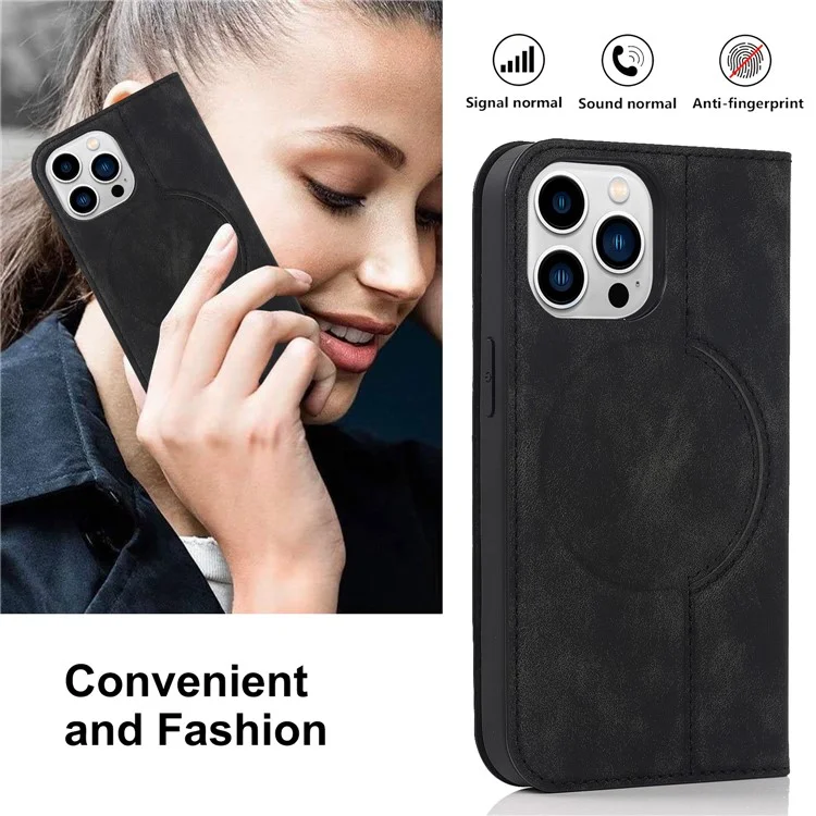 Para o caso do iPhone 14 Pro Max PU Leather RFID Blocking Magnetic Auto-absorbed Cover - Preto