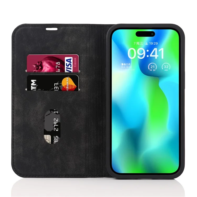 Para o caso do iPhone 14 Pro Max PU Leather RFID Blocking Magnetic Auto-absorbed Cover - Preto
