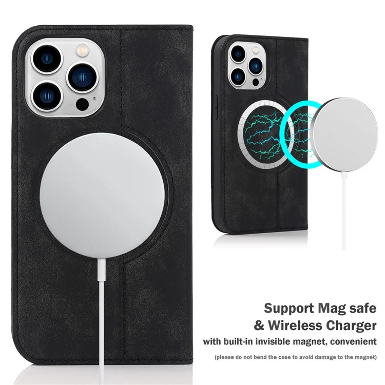 Para o caso do iPhone 14 Pro Max PU Leather RFID Blocking Magnetic Auto-absorbed Cover - Preto