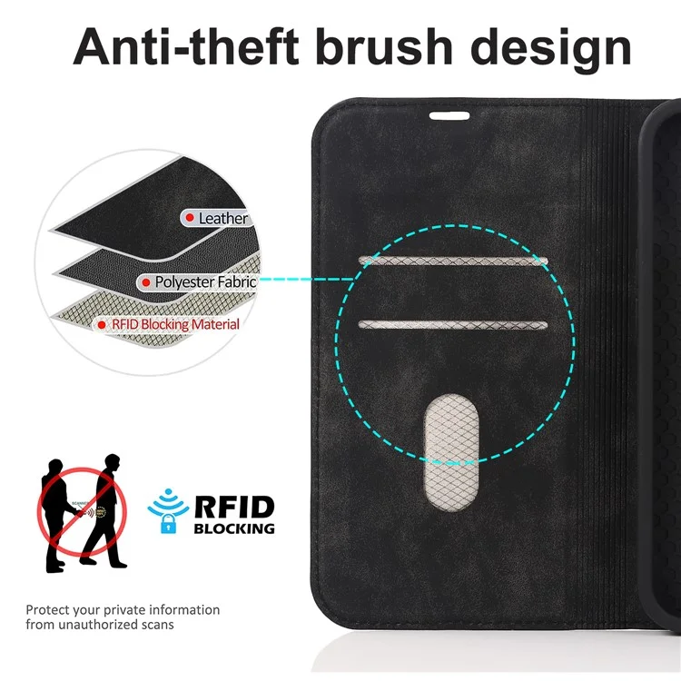 Para o caso do iPhone 14 Pro Max PU Leather RFID Blocking Magnetic Auto-absorbed Cover - Preto