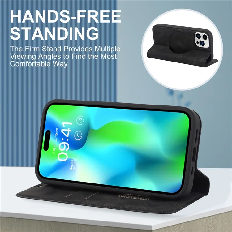 Para o caso do iPhone 14 Pro Max PU Leather RFID Blocking Magnetic Auto-absorbed Cover - Preto
