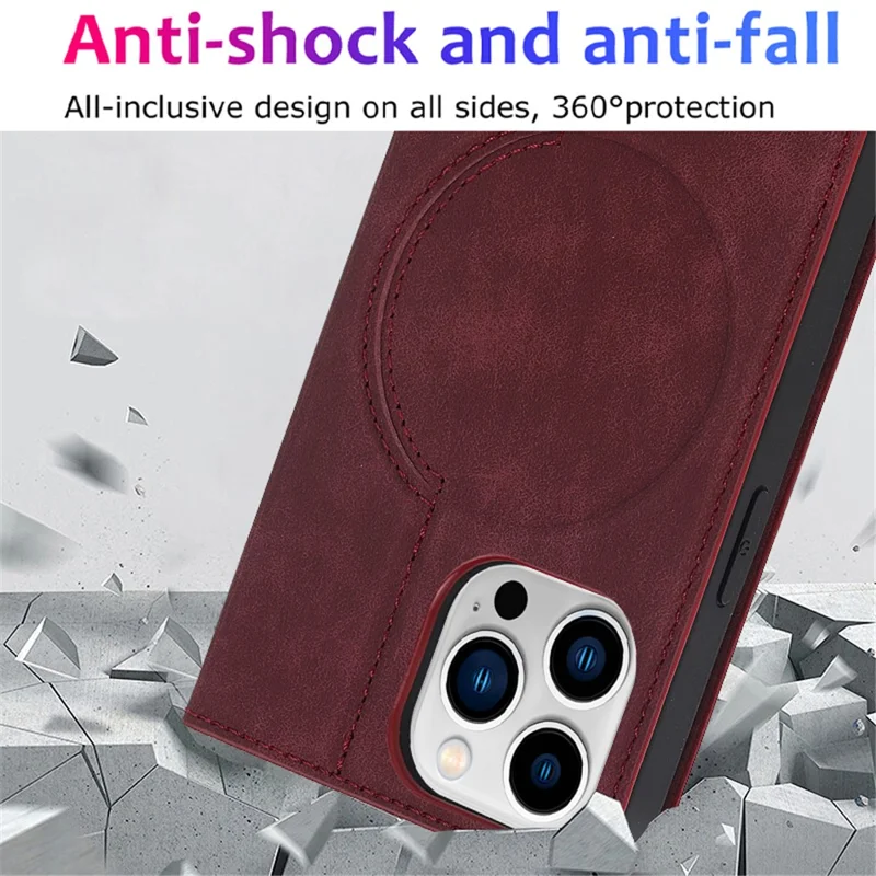 For iPhone 14 Pro Max Case PU Leather RFID Blocking Magnetic Auto-absorbed Cover - Red