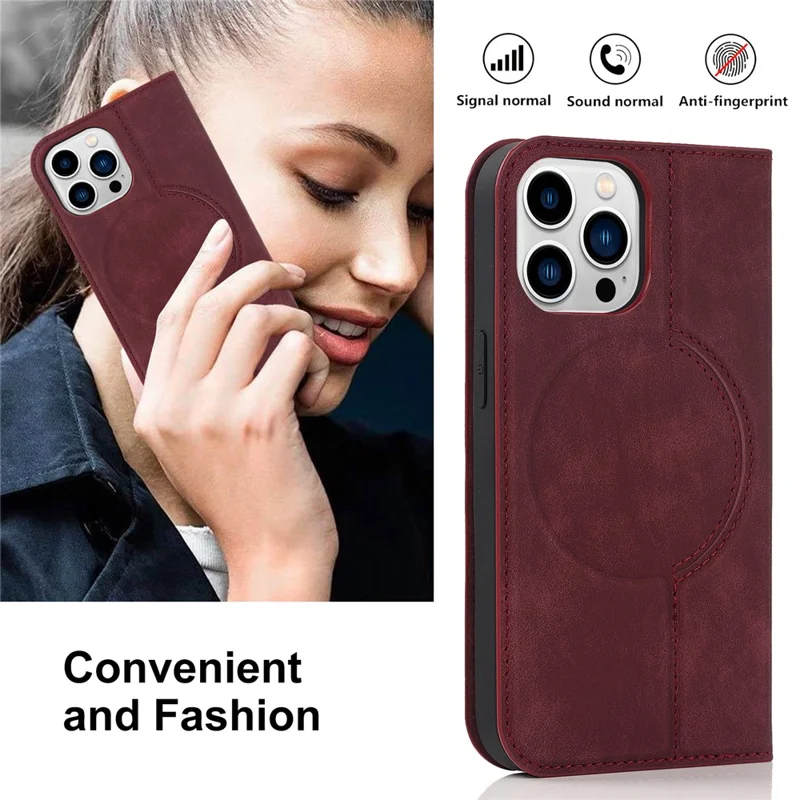For iPhone 14 Pro Max Case PU Leather RFID Blocking Magnetic Auto-absorbed Cover - Red