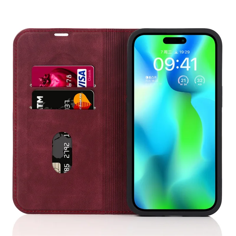 For iPhone 14 Pro Max Case PU Leather RFID Blocking Magnetic Auto-absorbed Cover - Red