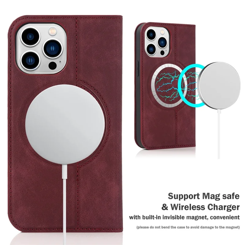 For iPhone 14 Pro Max Case PU Leather RFID Blocking Magnetic Auto-absorbed Cover - Red